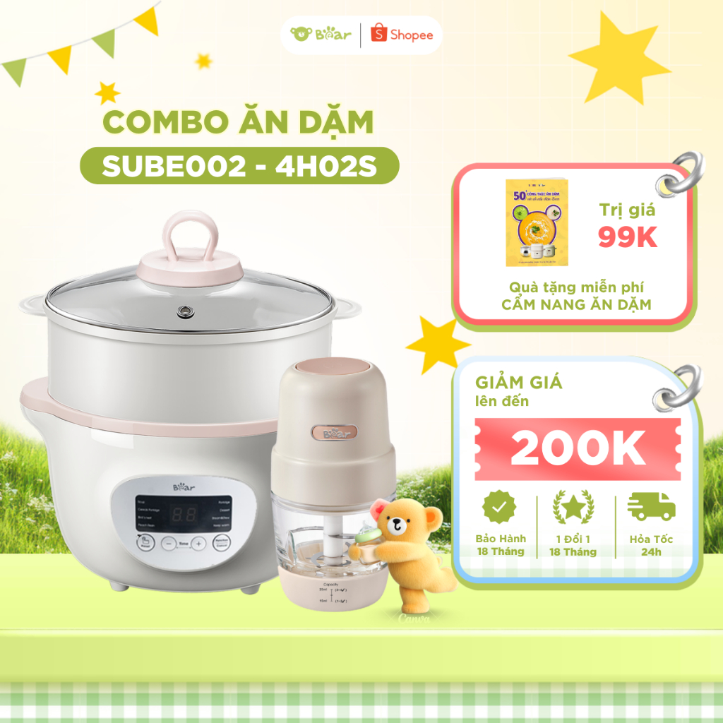 Combo Ăn Dặm Nồi Nấu Chậm Bear SUBE002 Dung Tích 1.6L Và Máy Xay Ăn Dặm Bear 4H02S Cho Bé Máy Xay Th
