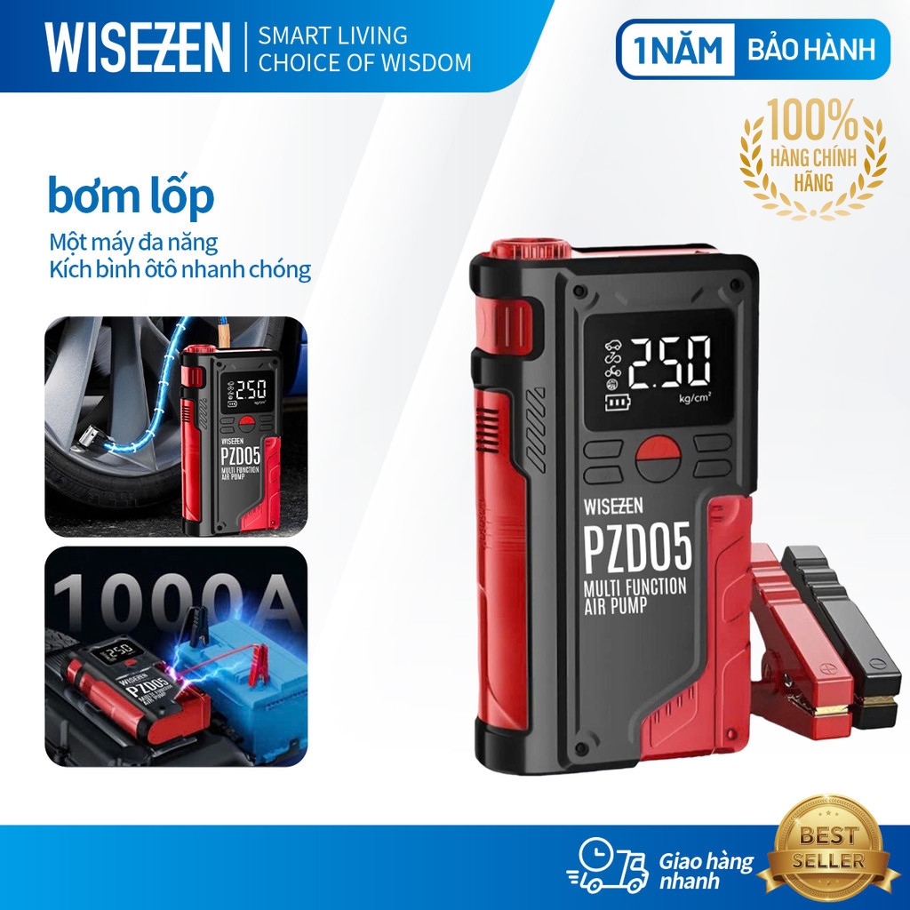 Bộ Kích Nổ Kiêm Bơm Lốp ô Tô đa Năng 4IN1 Wisezen Kích Bình 12A ô Tô Tích Hợp Sạc Dự Phòng đèn Pin Bảo Hành 12 Tháng