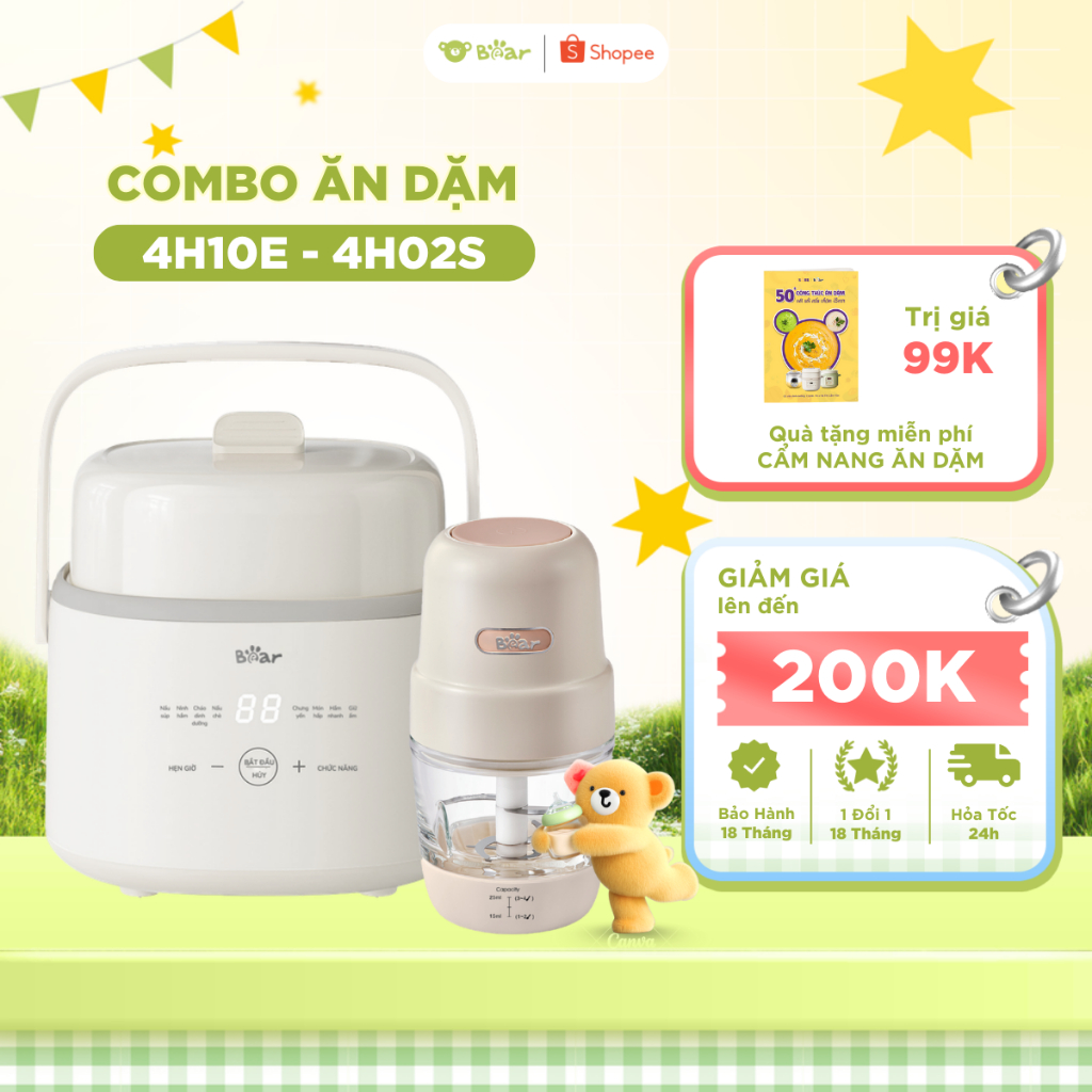 Combo Ăn Dặm Bear Nồi Nấu Cháo Chậm 4H10E 1L Và Máy Xay Ăn Dặm 4H02S 0.3L Cho Mẹ Và Bé