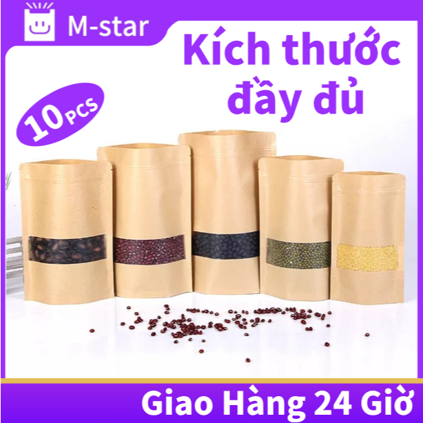 10 túi giấy kraft có khóa kéo và cửa sổ, thích hợp để đựng các loại hạt, đồ ăn nhẹ, v.v.