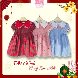  Đầm bé gái lá cổ thêu nơ ZUN Kids – Váy cotton thô mềm mát phù hợp cho bé diện mùa Noel Tết đi chơi,... 