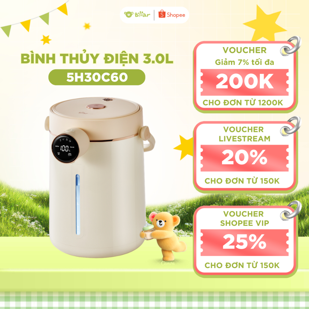 Bình Thủy Điện Bear EWB - 5H30C60 Dung Tích 3L Giữ Nhiệt, Đun Nước, Điều Khiển Cảm Ứng