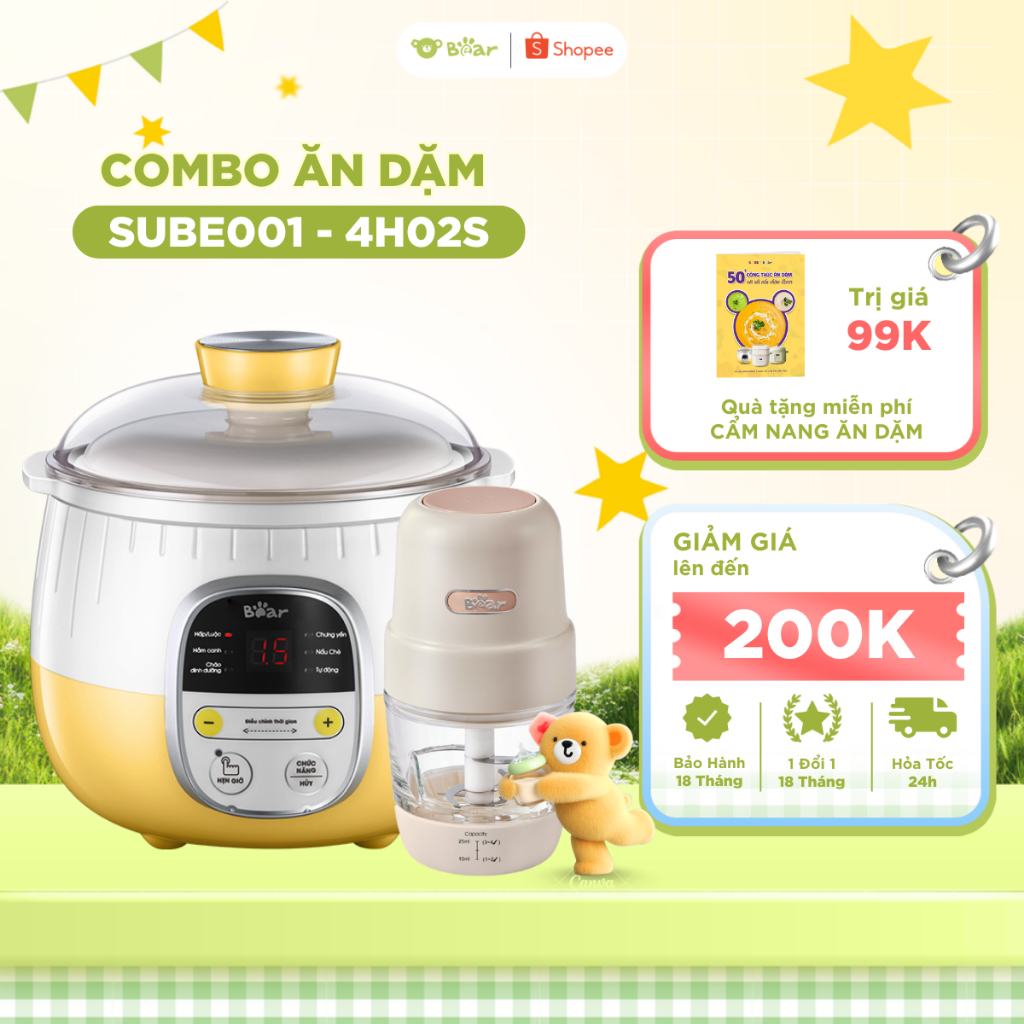 Combo Ăn Dặm Nồi Nấu Cháo Chậm Bear SUBE001 Dung Tích 0.8L Và Máy Xay Ăn Dặm Bear 4H02S Dung Tích 0.