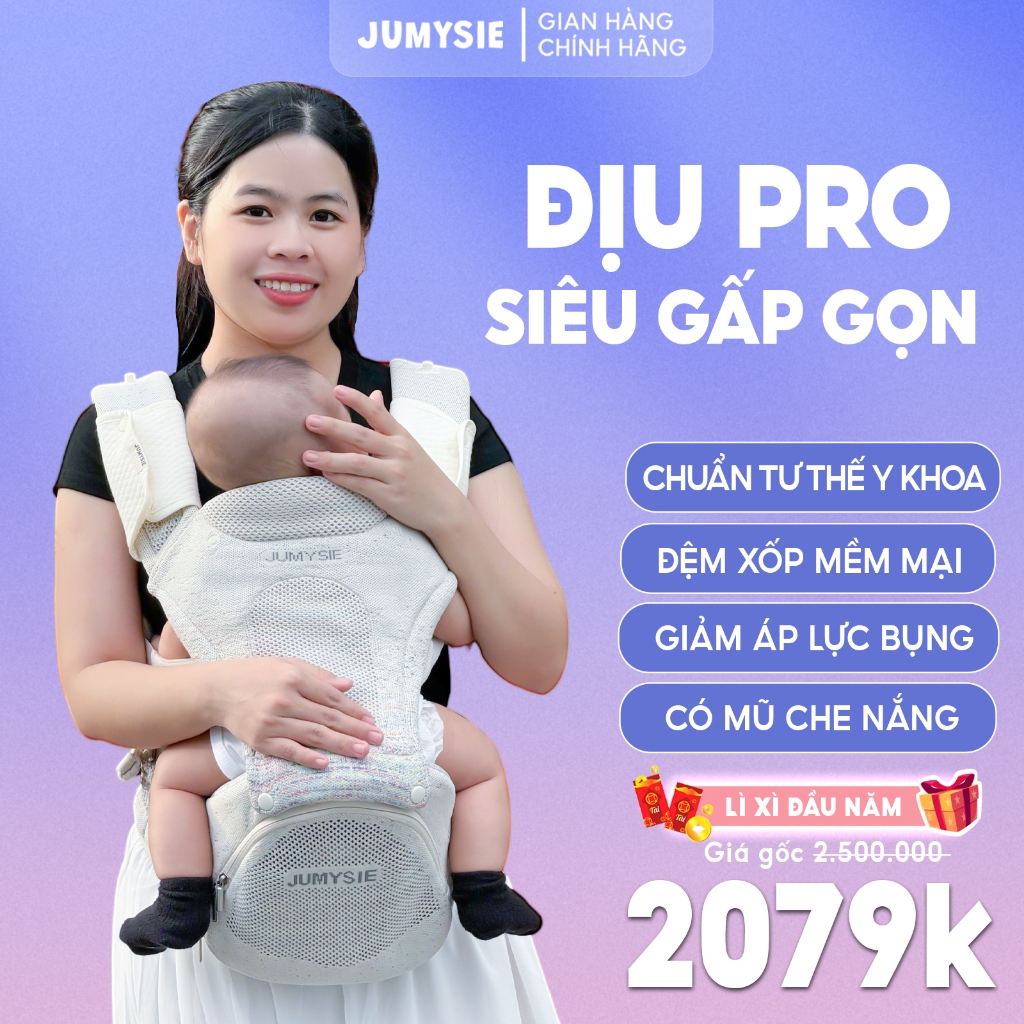 Địu Ngồi Gấp Gọn F8 Jumysie - Vải Fly-Knitted 5D, Êm Ái, Thoáng Khí, Chuẩn M-Shape, Cho Bé 3 - 36T