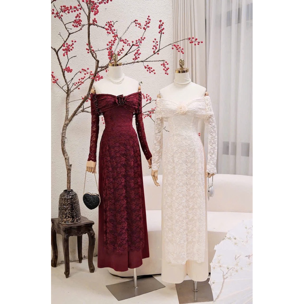 ELyNA studio áo dài trễ vai hoa ngực ren trẻ trung