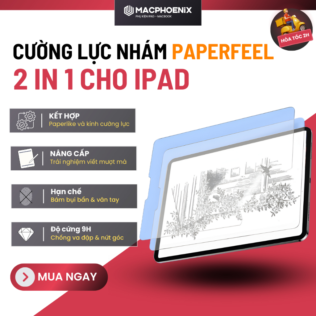 Cường Lực PaperLike Nhám Macphoenix 2in1, Viết Vẽ Như Giấy Cho iPad A16 Pro11 Air6/7 Gen10/11 - C04