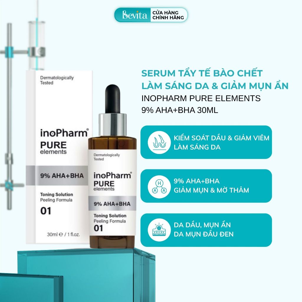 Serum Tẩy Tế Bào Chết Làm Sáng Da, Giảm Mụn Ẩn InoPharm Pure Elements 9% AHA+BHA 30ml