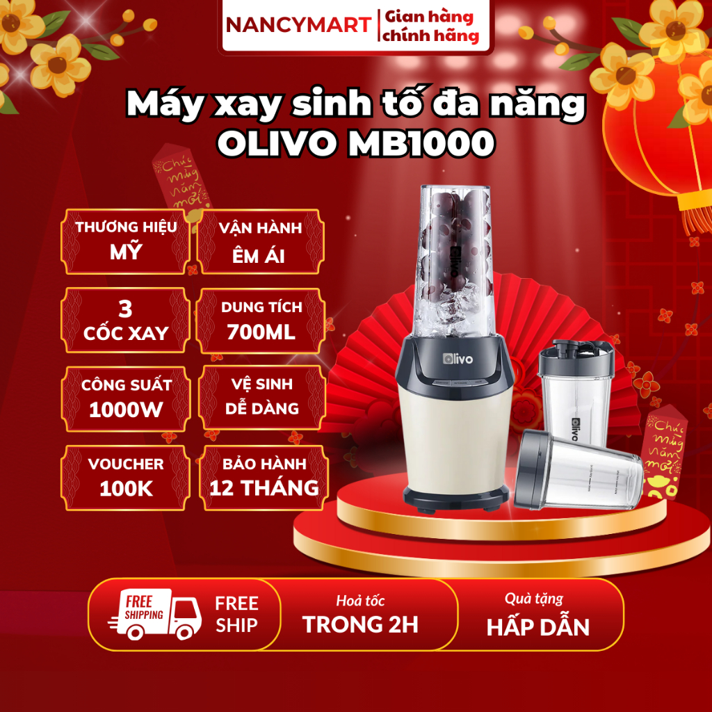 Máy xay sinh tố Olivo MB1000-3 cốc xay-thể tích 500 và 700ml-công suất 1000w-cối xay khô thuỷ tinh