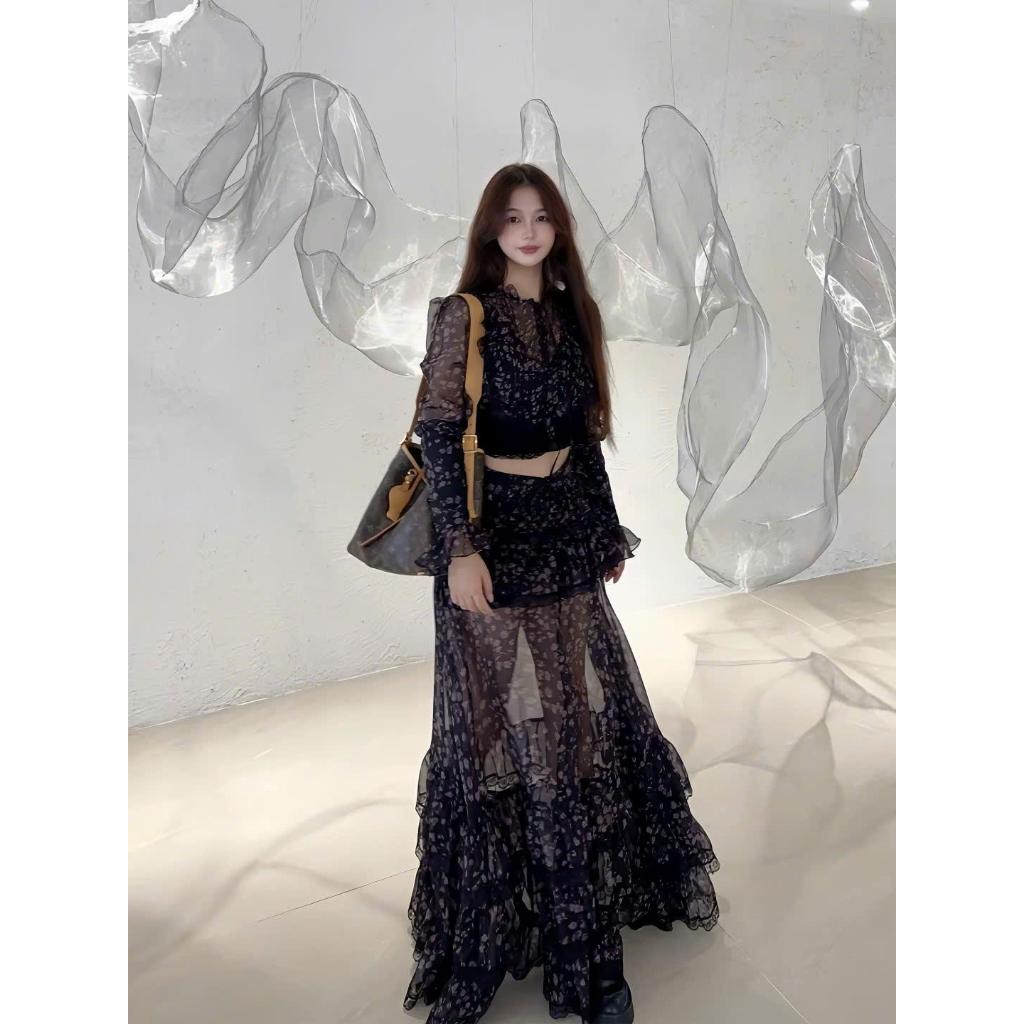 P306 - Set Áo Croptop Hoa Tiết Hoa Nhí Xinh Xắn Phối Chân Váy Ngắn Phủ Voan Xẻ Tà Cao Thoải Mái Tự T