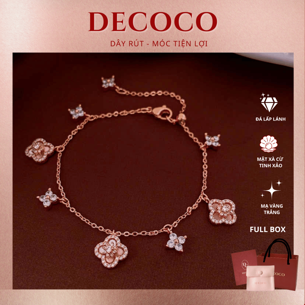  Vòng tay lắc tay charm hoa đá xà cừ cỏ 4 lá SAKURA VER 2 DECOCO   kèm Túi giấy + Hộp + Thiệp   may mắn 