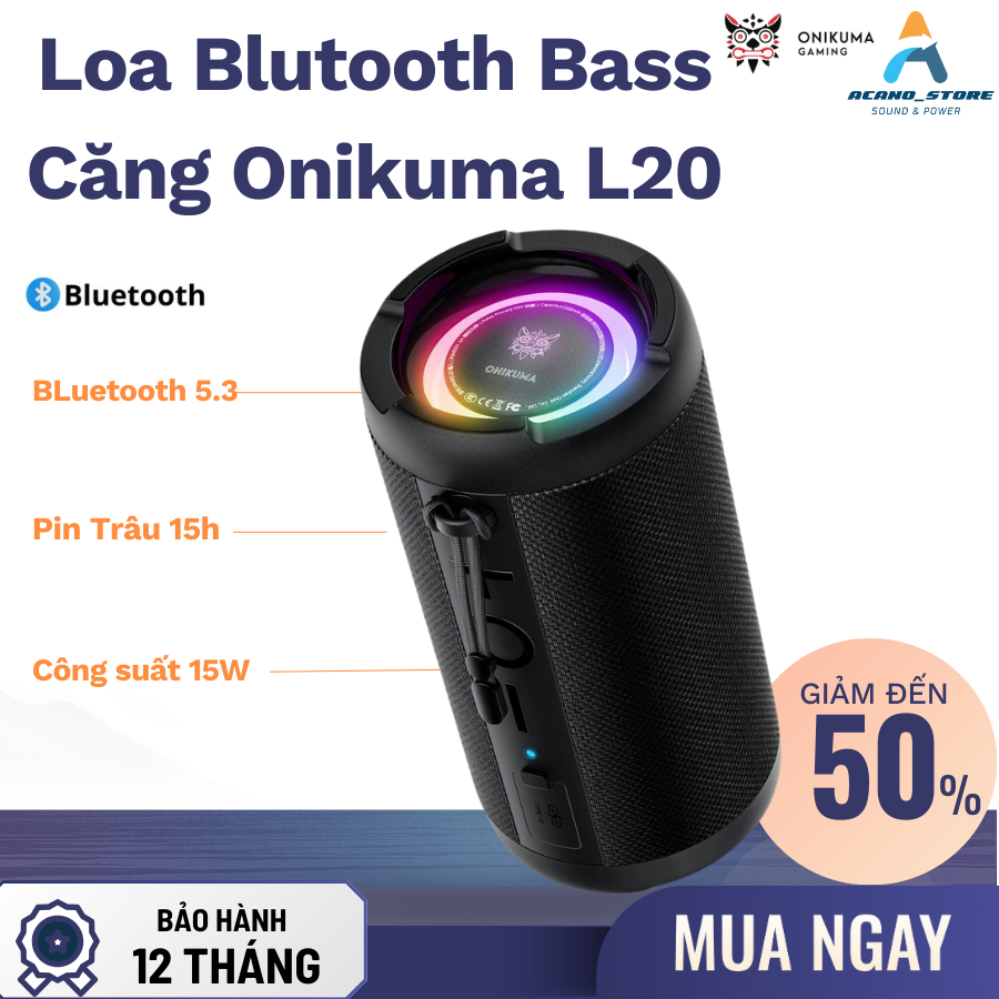 Loa Bluetooth ONIKUMA L20 RGB – Loa Kép Chống Nước IPX7 – Âm Thanh Mạnh Mẽ – Loa Di Động Ngoài Trời