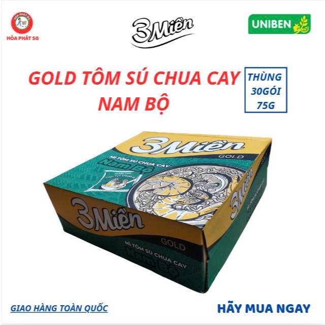 Thùng 30 Gói - Mì 3 Miền Gold Tôm Sú Chua Cay Nam Bộ 75g - Mì 3 Miền Gold Chua Cay - Mì tôm 3 Miền