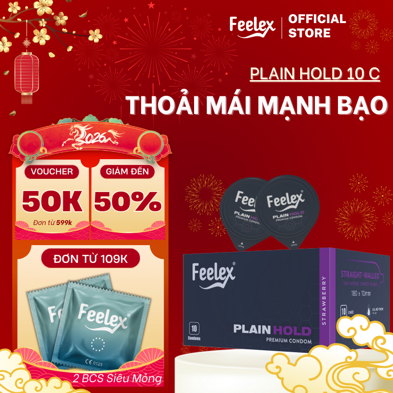 Bao cao su Feelex Plain Hold bền bỉ siêu an toàn, nhiều gel bôi trơn, an toàn - hộp 10 bcs