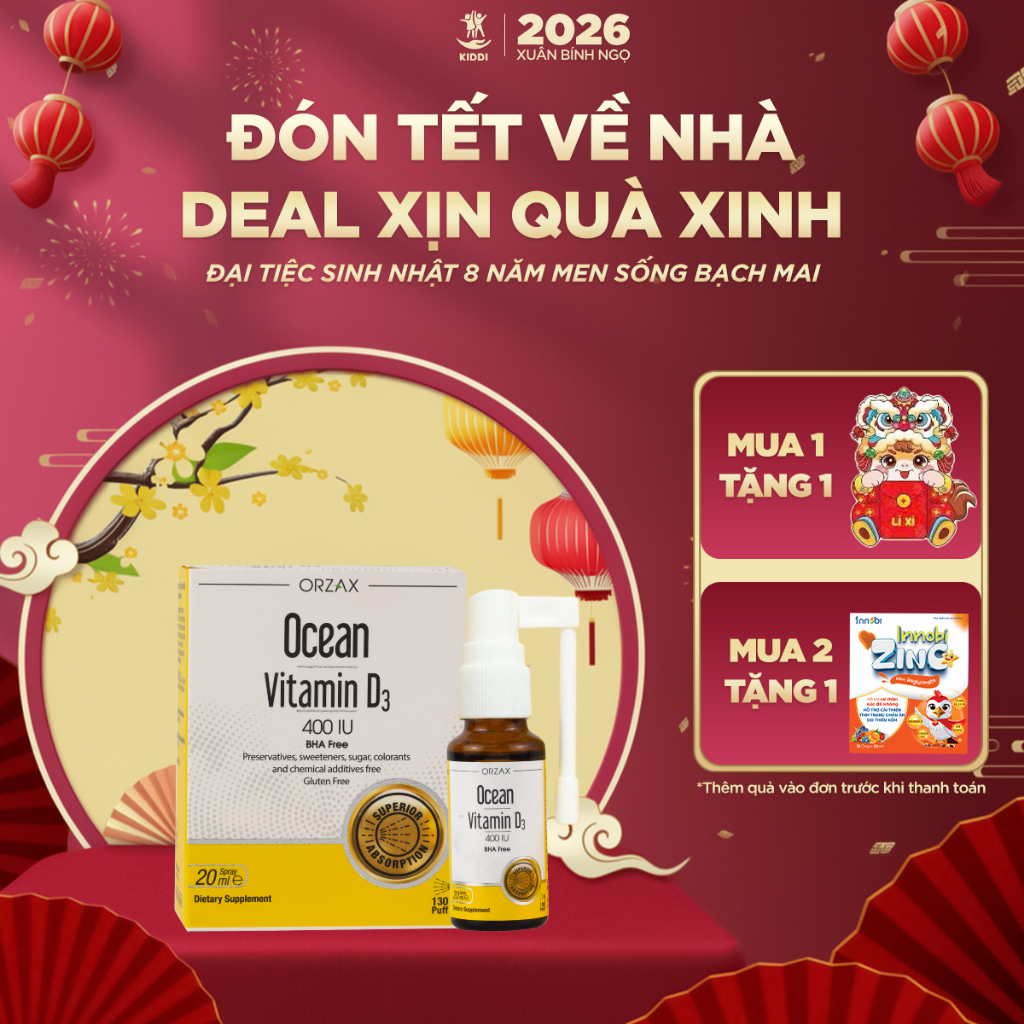 [Tặng quà Tết] Xịt Vitamin D3 Ocean Orzax - Men Sống Bạch Mai Chai 20ml