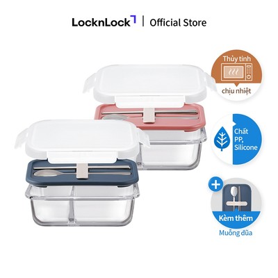 Hộp cơm thủy tinh chịu nhiệt chia ngăn kèm muỗng đũa Lock&Lock 930ml LLG991CL (2 màu)
