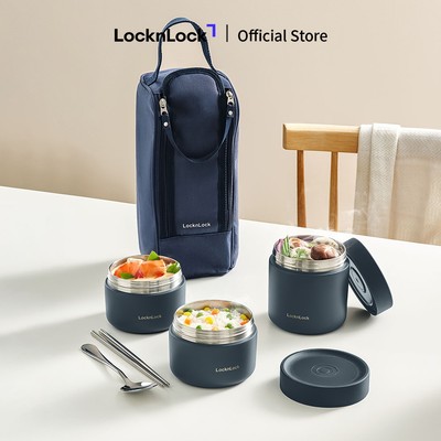 Bộ hộp cơm giữ nhiệt Lock&Lock Pump Vacuum Lunch Box (300ml*2, 500ml*1, bộ đũa và thìa, túi) LHC8052S01