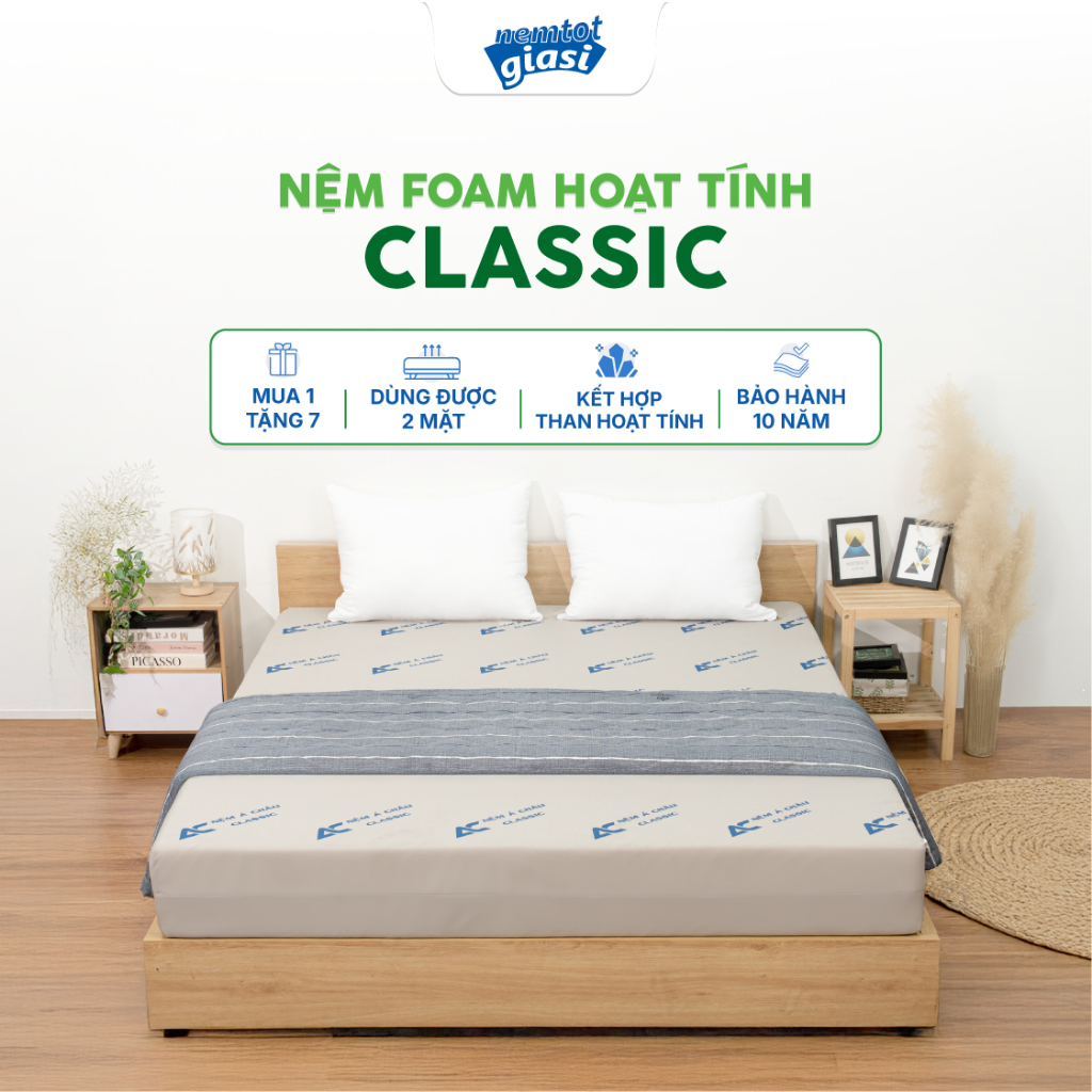 [HOẢ TỐC HCM CÓ PHÍ - MUA 1 TẶNG 7] Nệm Foam Hoạt Tính Á CHÂU CLASSIC Chính Hãng Thoáng Mát Êm Ái Kích Thước 1m-2m2
