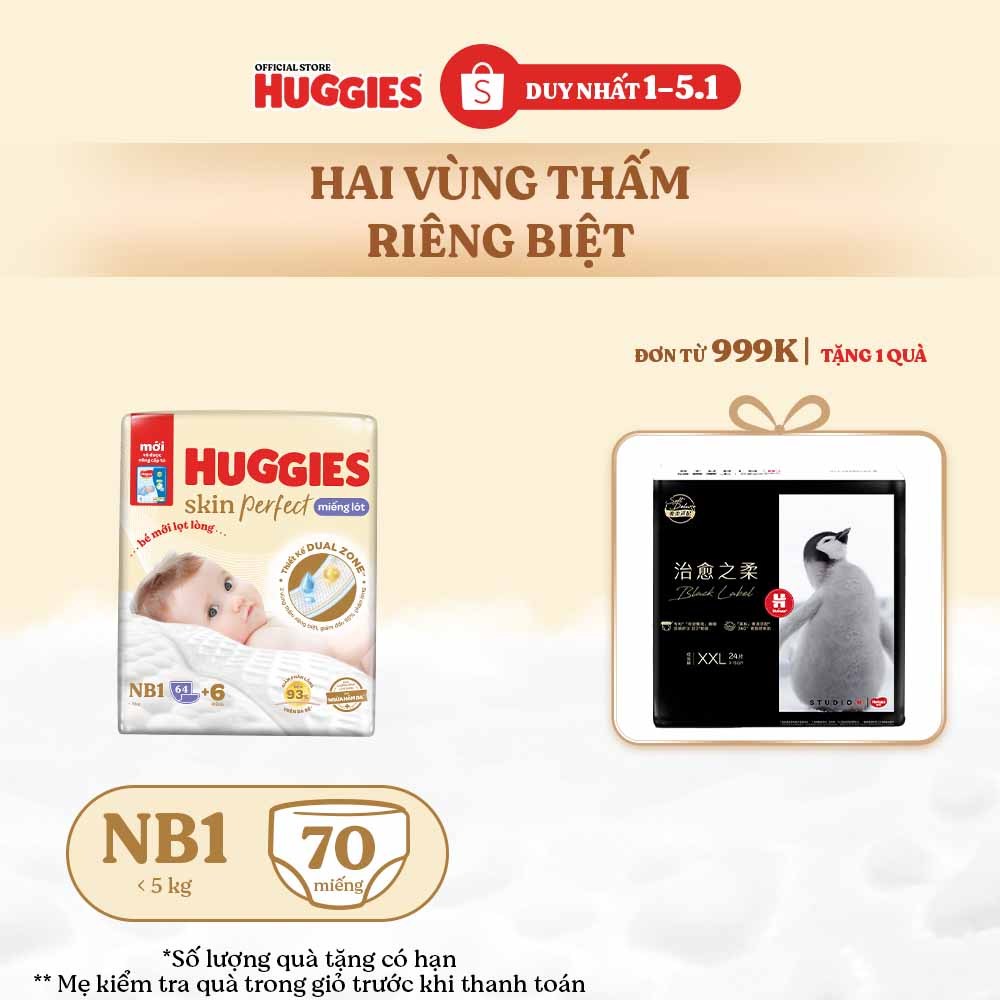  Miếng lót sơ sinh Huggies Skin Perfect NB1 64+4 miếng với 2 vùng thấm giảm kích ứng da 