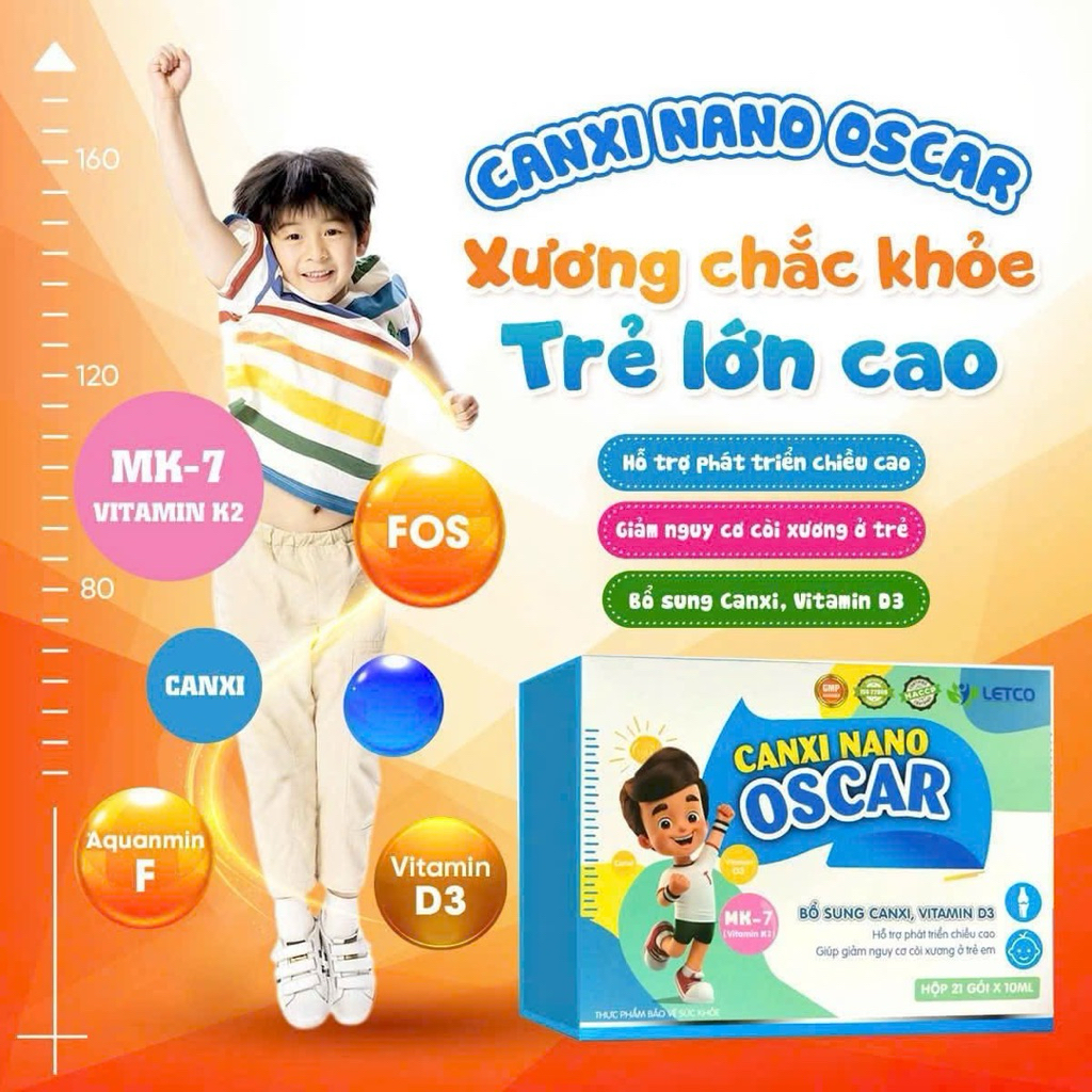 canxi nano oscar Letco hộp 21gói , bổ sung canxi hữu cơ dễ hấp thu giúp phát triển chiều cao