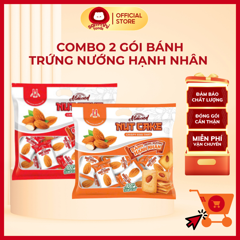 COMBO 2 Túi Bánh Trứng Nướng Hạnh Nhân Nguyên Hạt HT Foods 300g/gói, Bổ Dưỡng, Ít Ngọt, Giòn