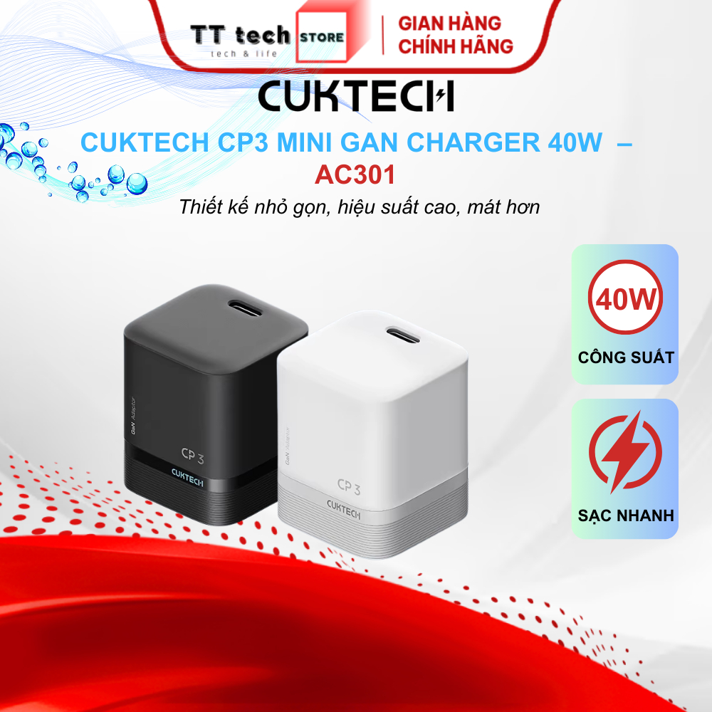 Củ Sạc Nhanh CukTech CP3 Mini GaN 40W AC301 sạc siêu nhanh, thiết kế nhỏ gọn, an toàn khi sử dụng