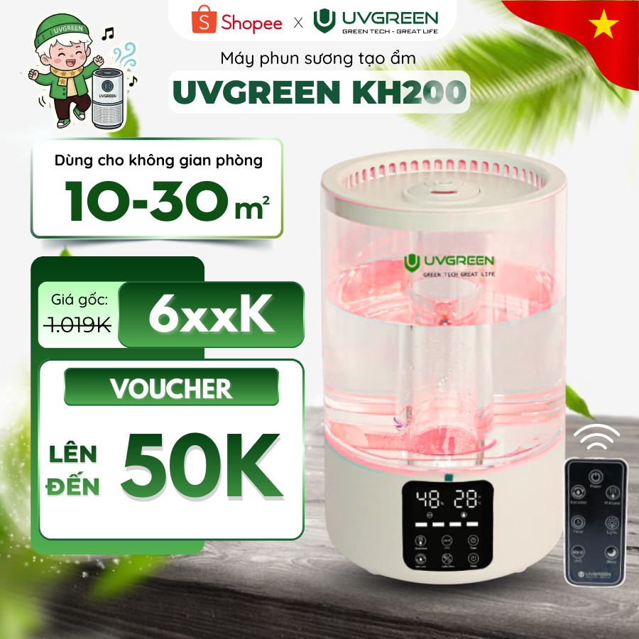 [Hỏa tốc] Máy Phun Sương Tạo Ẩm Không Khí UVGREEN KH200 - Dung tích 5L, Diệt Khuẩn nước, Xông Tinh D