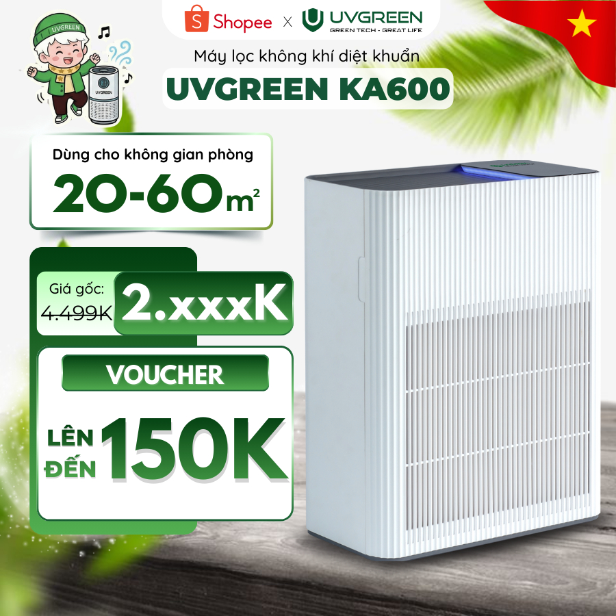 [Hỏa tốc] Máy Lọc Không Khí Diệt Khuẩn UVGREEN KA600 60m2, UVC LED, Lõi HEPA H13, Ion Âm, BH 2 năm