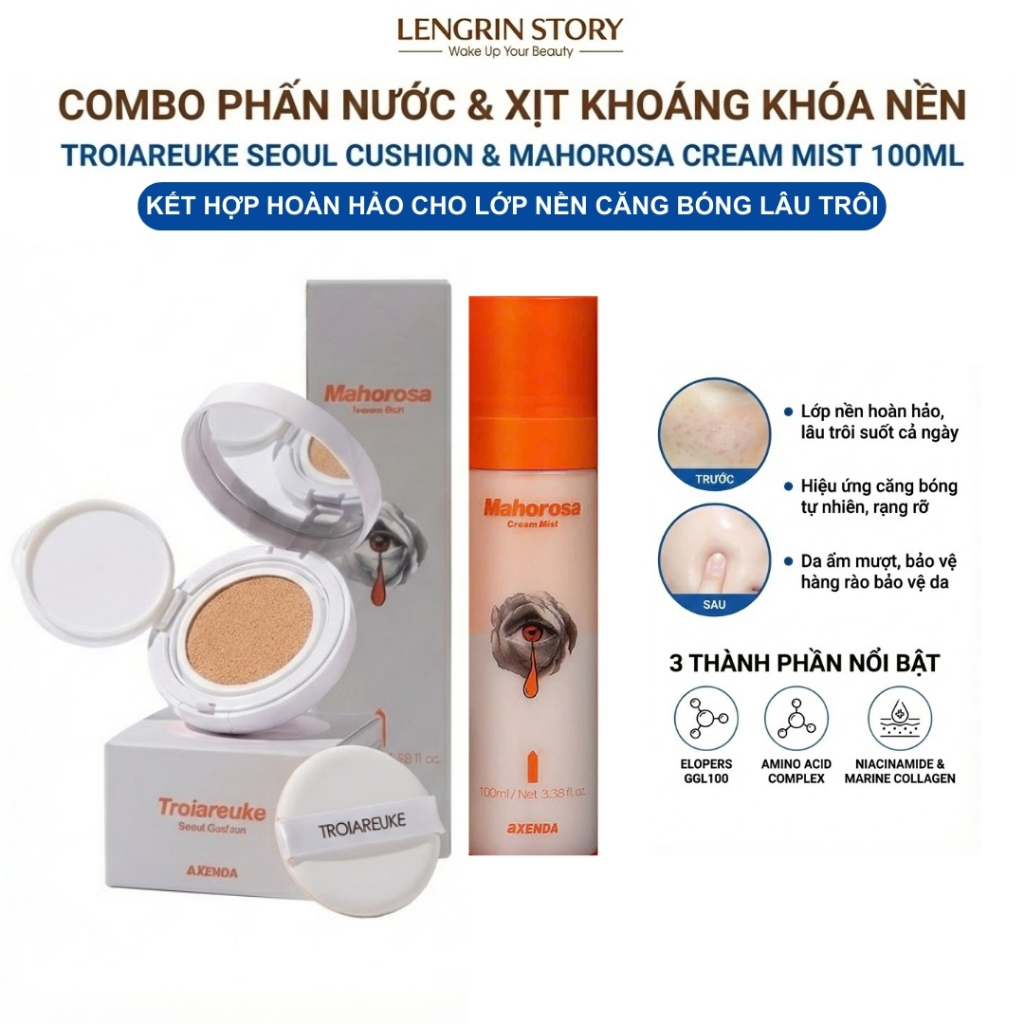 Combo Căng Bóng Chuẩn Hàn Phấn Nước Troiareuke Seoul Cushion & Xịt Dưỡng Khóa Nền Mahorosa Cream Mist 100ml Lenginstory