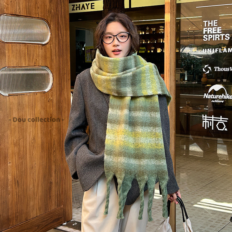 [Peinn] Khăn Len Unisex, Khăn Choàng Cổ Len Lông Thỏ Nền Sọc Đậm Nhạt Phối Viền Tua Rua To  - Mã LN1