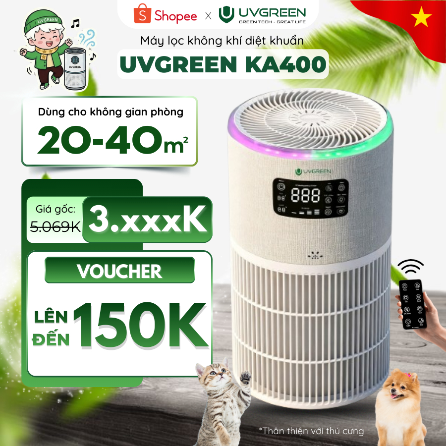 [Mới] Máy Lọc Không Khí UVGREEN KA400 Đèn UVC & Ion Âm Diệt Khuẩn, Xông tinh dầu, Hẹn giờ, Điều khiể