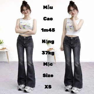  Quần Ống Loe 9 Tấc NẤM LÙN Jean Cho Nữ Màu Đen Xám Khói 90cm Lưng Cao Bò 1m40 1m45 1m48 1m50 Y2K 
