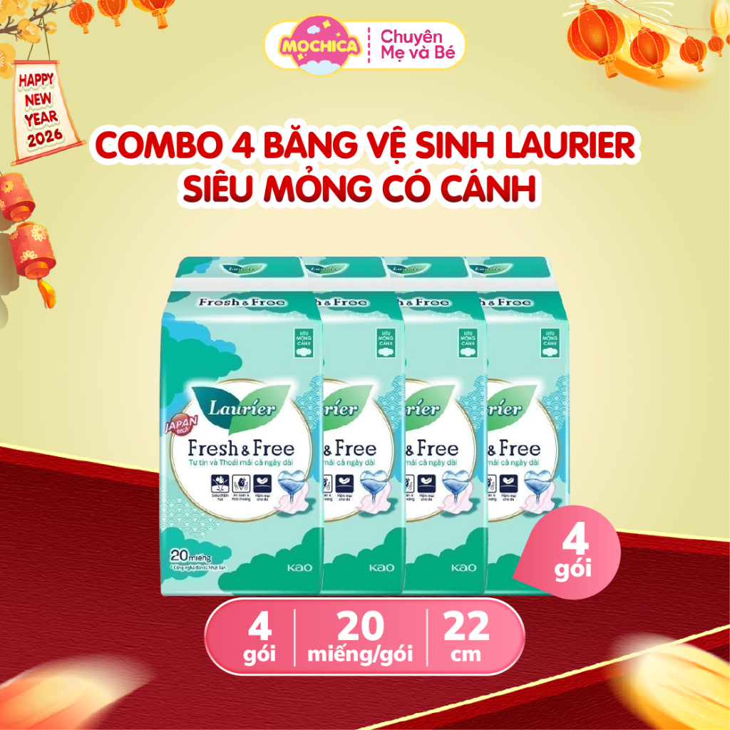 [COMBO 4] Băng Vệ Sinh Laurier Siêu Mỏng Cánh Không Mùi 20 Miếng - Mochica