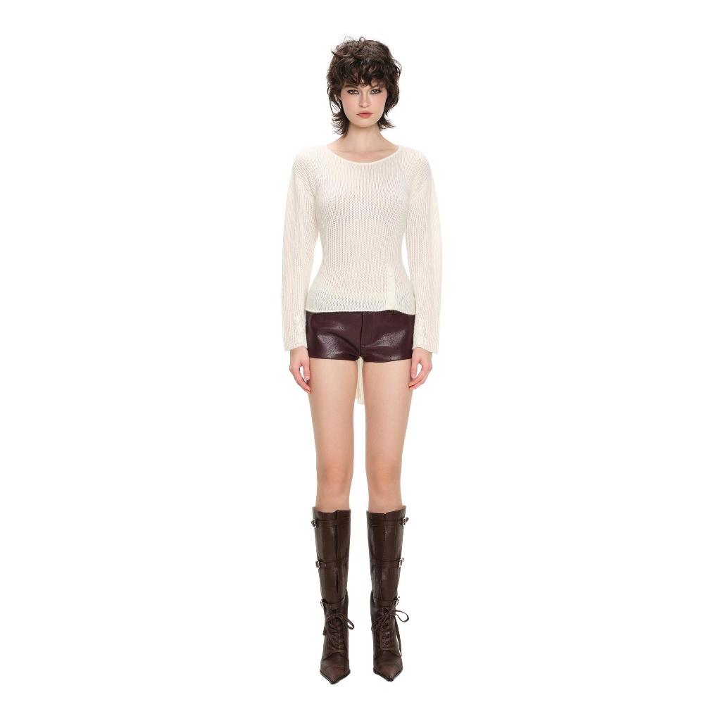 LSOUL Áo Len Phối Dây Buộc Lưng Estic Top + Quần Da Bóng Cạp Trễ Y2K Sie Short M25120603