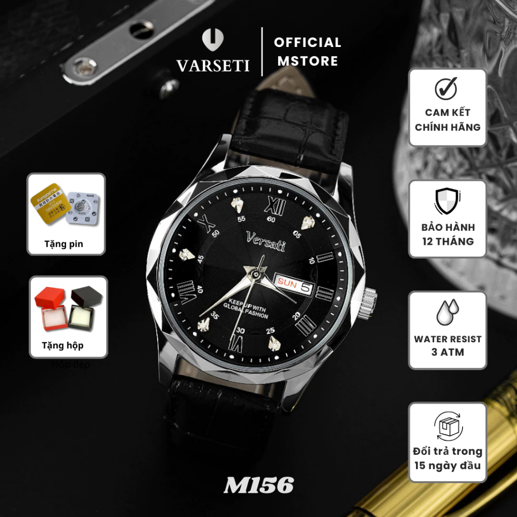 Đồng hồ nam Versati chính hãng, bộ máy pin, khóa thông minh, mặt vát kim cương, chống nước tốt, đồng