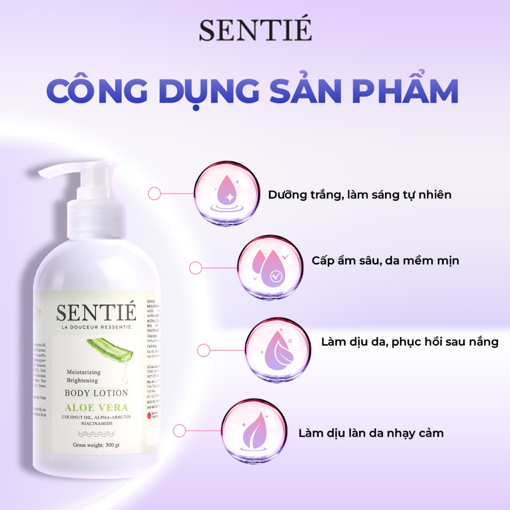 Dưỡng Thể Body Sentié 300gr - Lô Hội, Vitamin B3, Arbutin – Dưỡng Trắng, Cấp Ẩm Da.