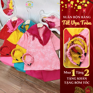   A157 - BST TẾT 2026  Áo dài cho bé gái set đồ Tết áo dài cách tân phối quần lụa tặng kèm khăn và bờm tóc siêu xinh 