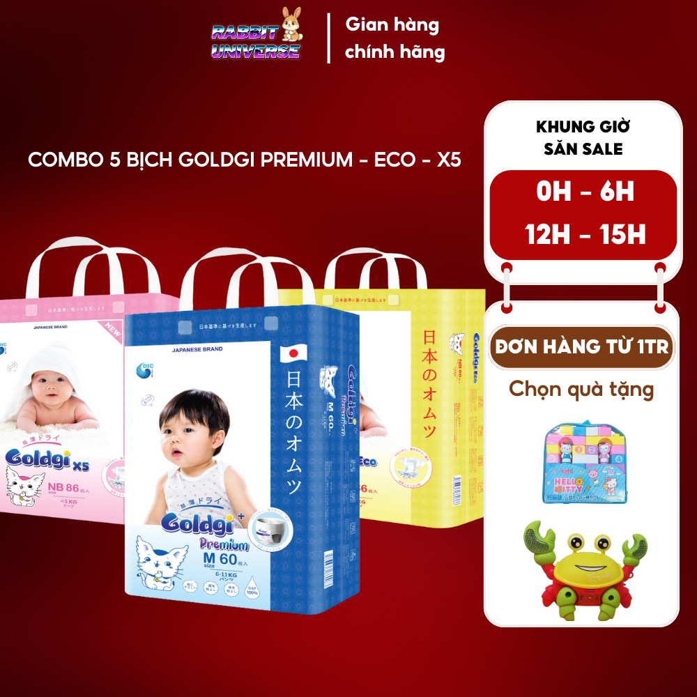 Combo 5 Bỉm Dán & Quần Goldgi+, Goldgi X5, Goldgi Eco Nội Địa Nhật - Size NB/S/M/L/XL/XXL - Siêu Mỏn