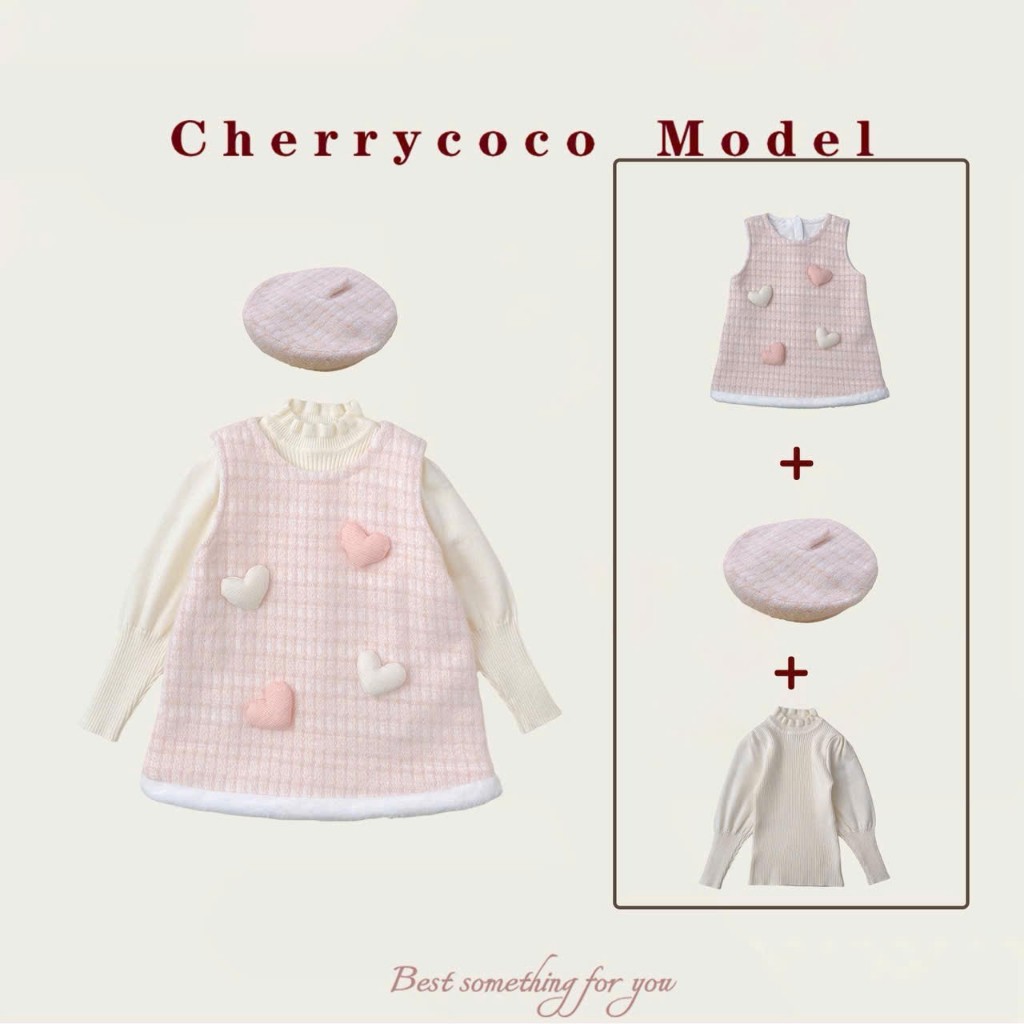 Sét váy bé gái Cherry Coco hồng phấn trái tim+mũ nồi+áo len 25coco10