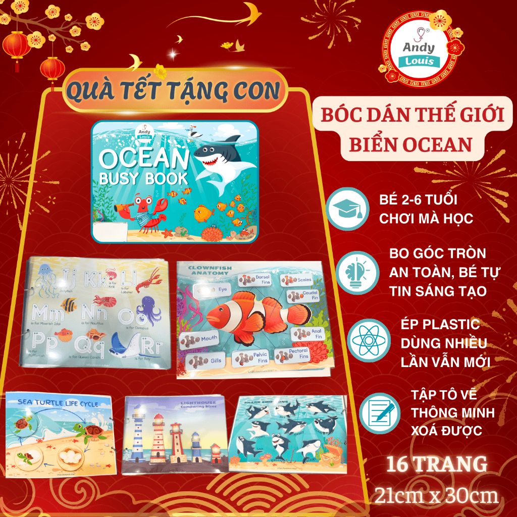 Đồ Chơi Bóc Dán Chủ Đề Động Vật Biển Ocean Cho Bé, Học Liệu Phát Triển Ngôn Ngữ Cho Trẻ Tiếng Anh An