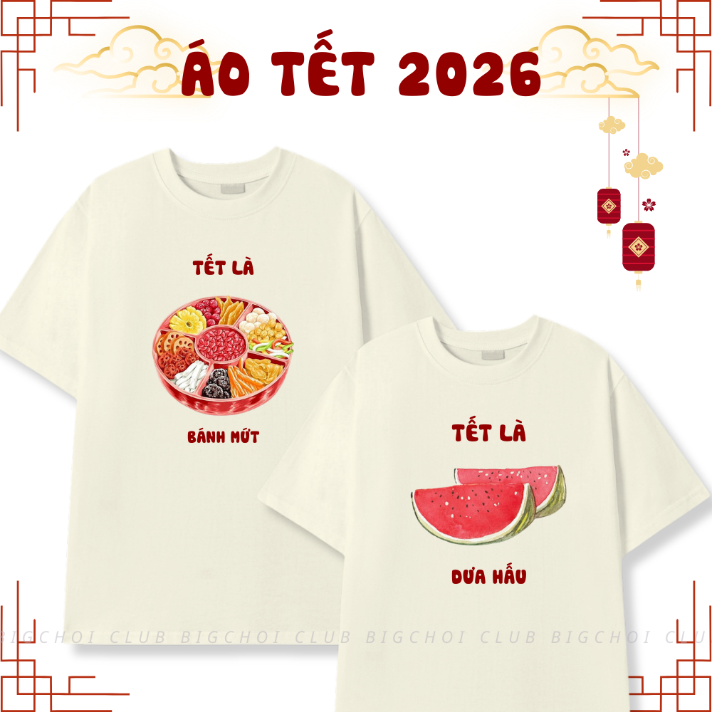 [Bộ sưu tập áo Tết] Áo Thun Cho Gia Đình In Hình Ẩm Thực Truyền Thống Tết, Cotton Dày Dặn Mềm Mịn Th