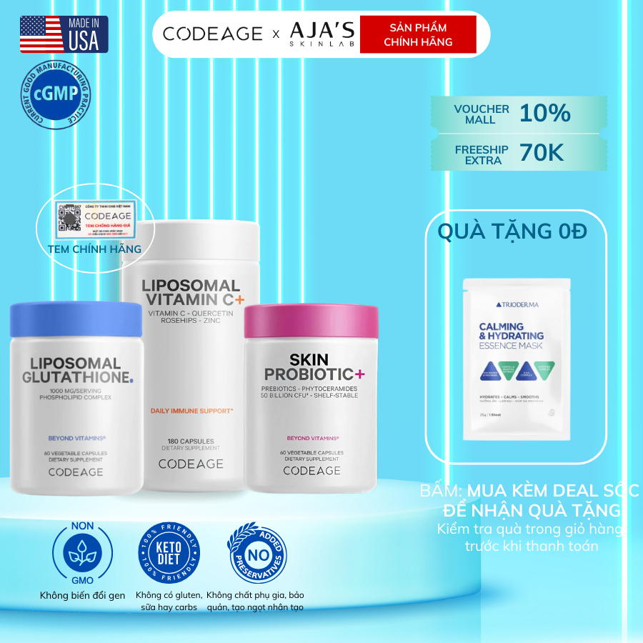 Combo hỗ trợ sáng da CodeAge Liposomal Glutathione + Liposomal Vitamin C + Skin Probiotic