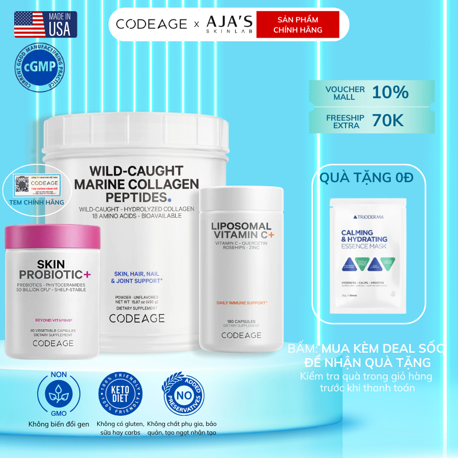 Combo hỗ trợCấp ẩm CodeAge Marine Collagen Peptides 450g+Liposomal Vitamin C 180 viên+Skin Probiotic
