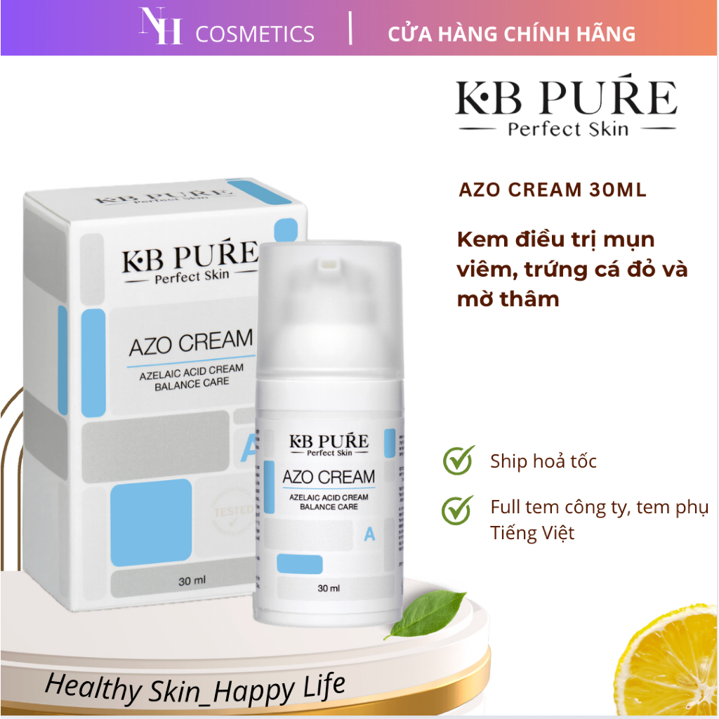 [Chính Hãng] Kem Cân Bằng KB Pure  Azo Cream Giảm Mụn Trứng Cá Đỏ, Rosaca Mờ Thâm Sau Mụn 30ML