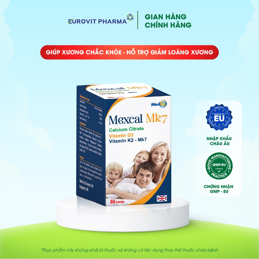 Canxi Mexcal MK7 Cung cấp Canxi hữu cơ, Vitamin D3 K2 MK7 Giúp Xương Chắc Khỏe