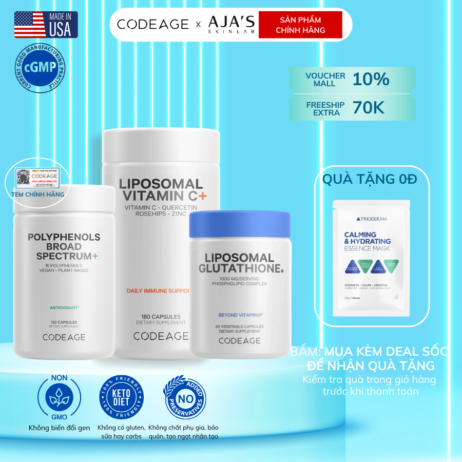 Combo Hỗ trợ dưỡng sáng giảm nám CodeAge Liposomal Glutathione + Liposomal Vitamin C - Ajaskinlab