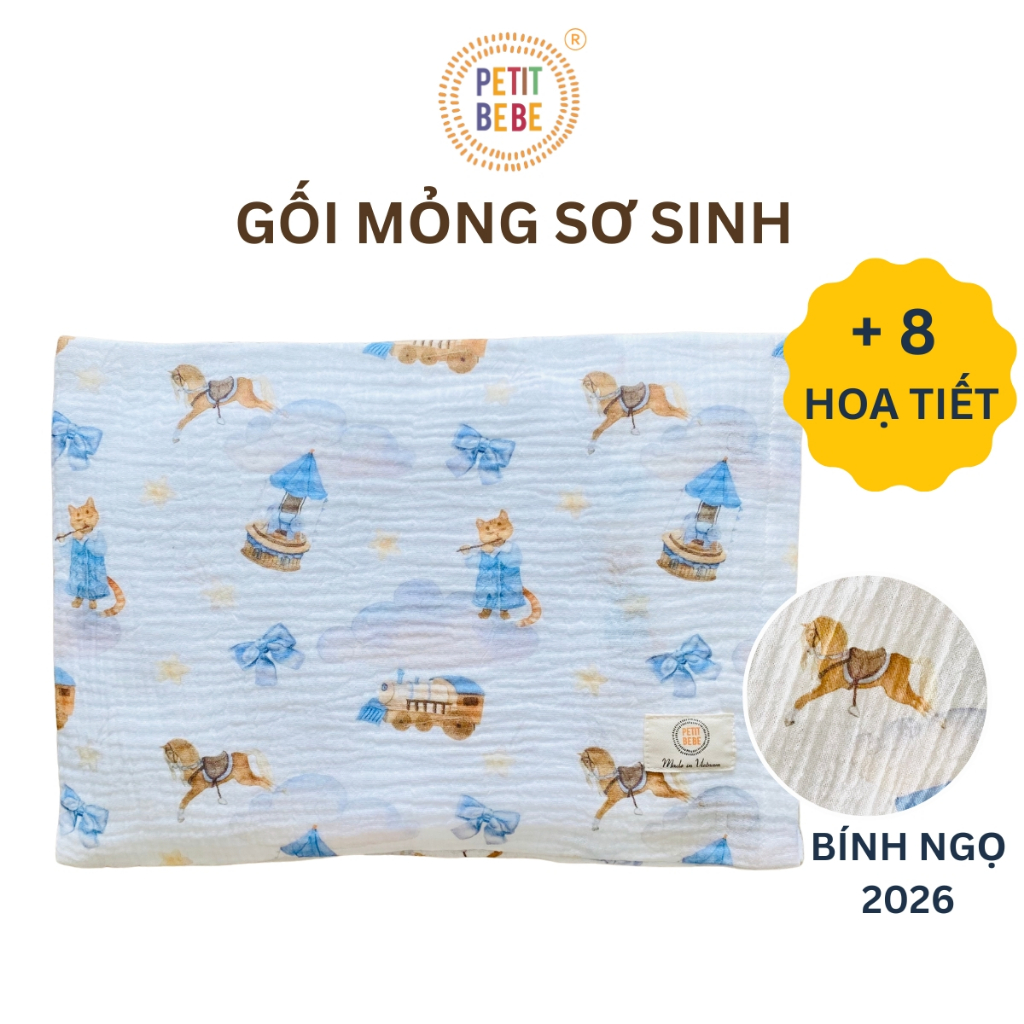 Gối mỏng lót đầu bé sơ sinh Petit Bebe muslin thấm hút thoáng khí hoạ tiết đáng yêu
