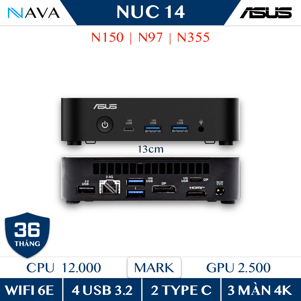 Mini PC ASUS NUC 14 Essential Intel N150 N355 N97, DDR5, Tiết Kiệm Điện, Wifi 6E, 3 Màn 4K