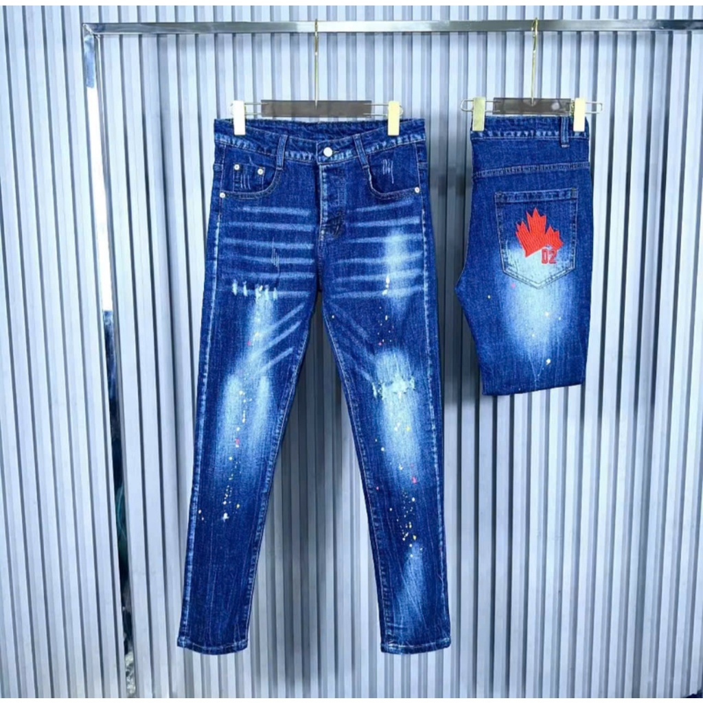 quần bò nam xanh vảy sơn thêu lá d2 bốn cúc