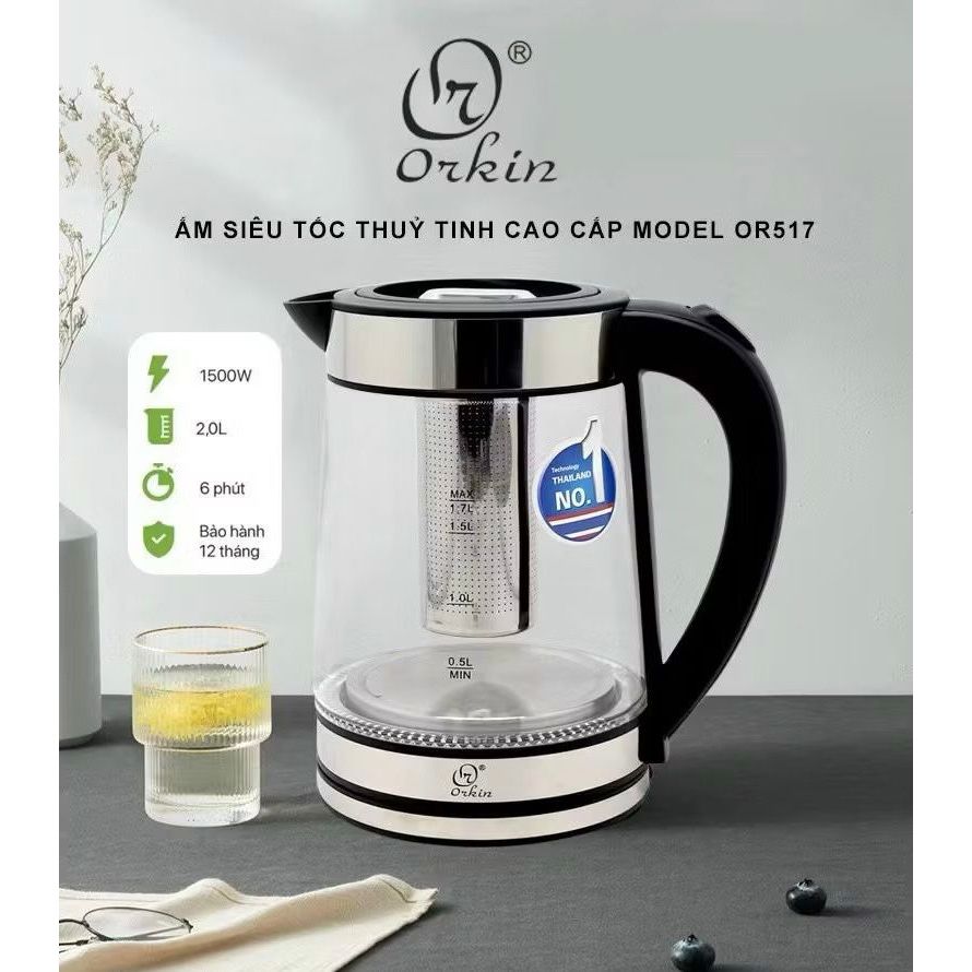 Ấm Siêu Tốc Thủy Tinh Orkin nhập khẩu cao cấp, Ấm Siêu Tốc Thủy Tinh Cao  Orkin OR517 có đèn led lõi