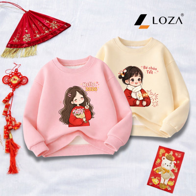 Áo nỉ cho bé gái in cô gái Chúc Tết - Áo sweater cho bé size từ 18-42kg Loza Kids IN030